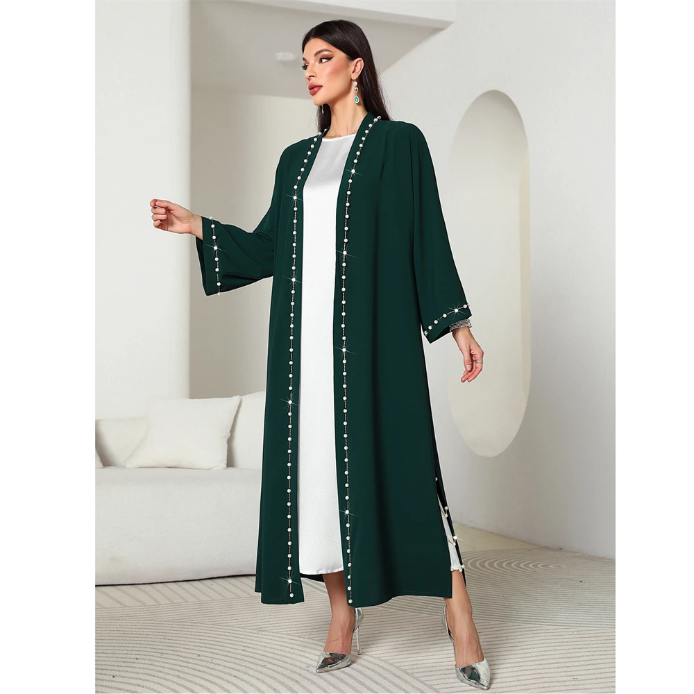 Eid Mubarak Djellaba Femme Longue Musulmane Open Abaya Dubai Turkey Kaftan Muslim Women Beaded Maxi Dress Kimono Jalabiya Robe