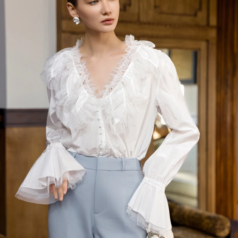 

Винтажная белая блузка с рюшами на рукавах и V-образным вырезом, длинный рукав, смесовая ткань из хлопка и шелка, прямой крой, французский стиль, женская.