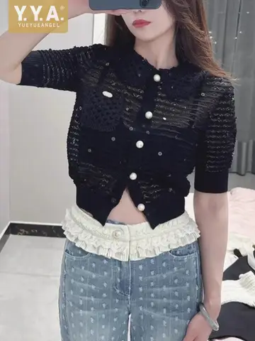 Summer Women Designer Sexy Hollow Out Shirt Lapel Collar Short Sleeve Single Breasted Cropped Tops Sweet Pearls Knitted Shirt