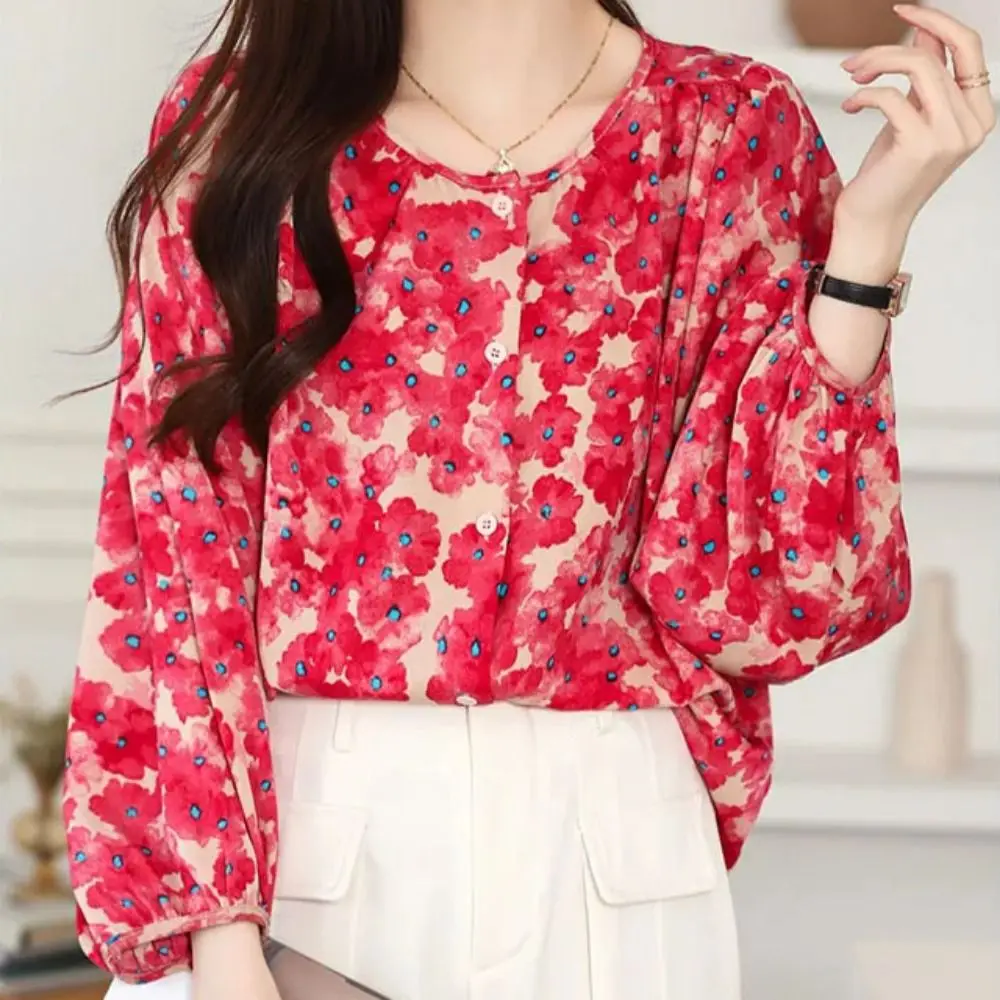 Camisas de flores dulces con cuello redondo a la moda, camisa fina de gasa Floral de manga larga, Tops holgados y transpirables, blusa de gasa para mujer
