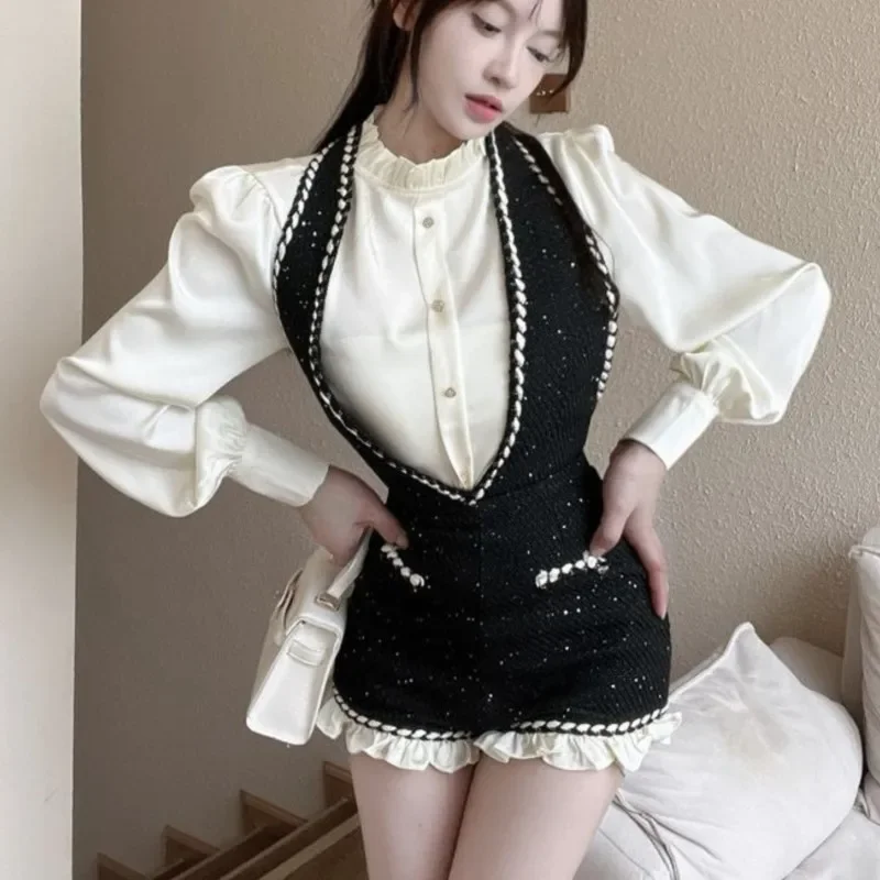 

French Vintage Women Solid Ruffles O-neck Shirt Tweed Halter Short Overalls Elegant Fashion Autumn Y2K Outfits New 2025 Spring