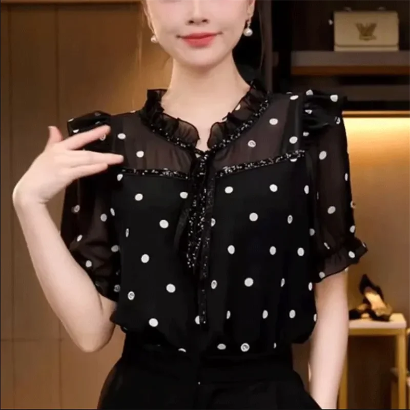 Fashionable Blouses Women Pullover Thin Shirt Short-sleeved Blouse Polka Dot Ruffled Splicing Blous Casual Female Shirt