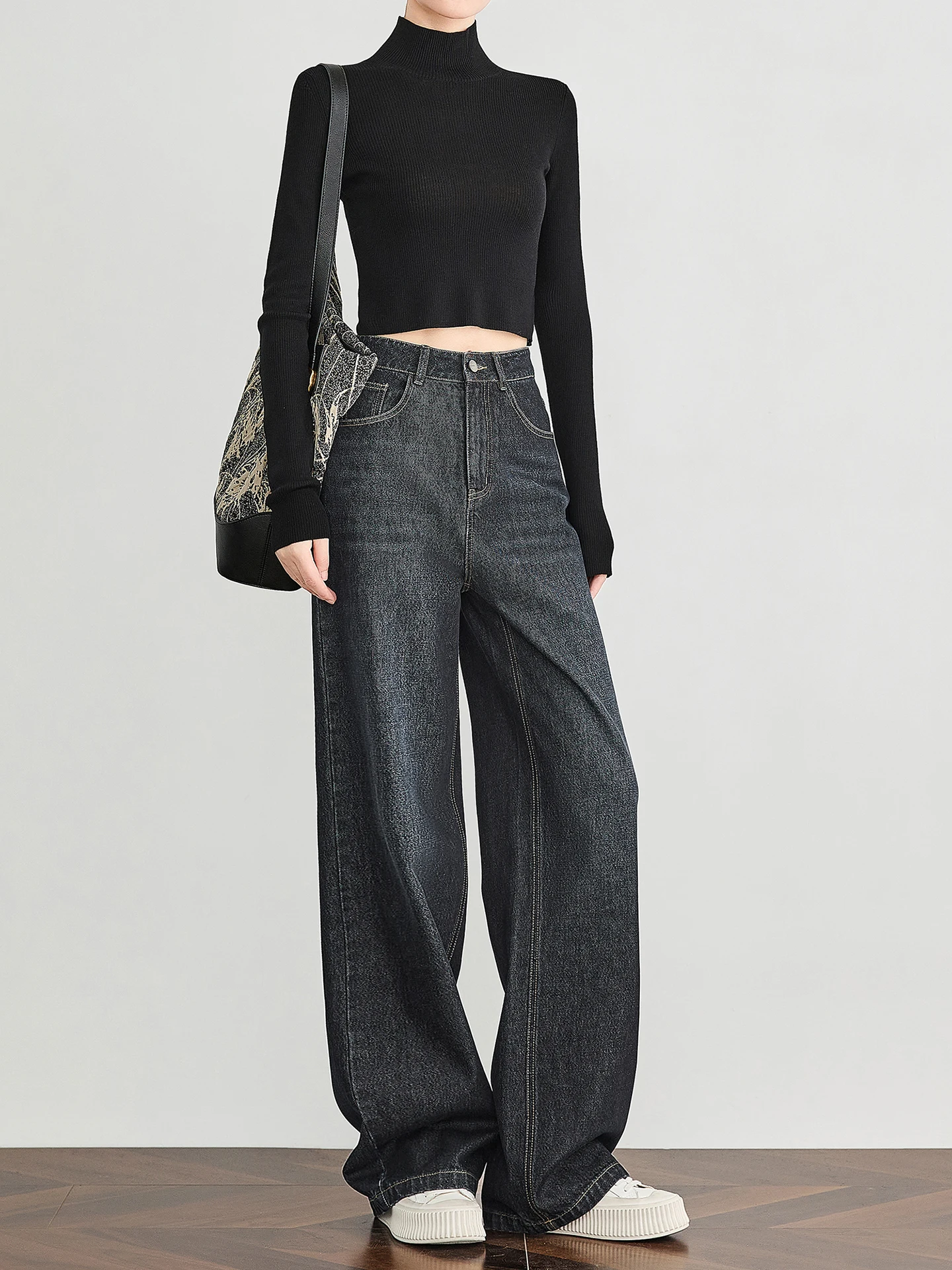

Classic Straight Leg High Waist Wide Leg Jeans Women's Vintage Waed Casual Blue Denim Trousers Cotton Stretch Resistant