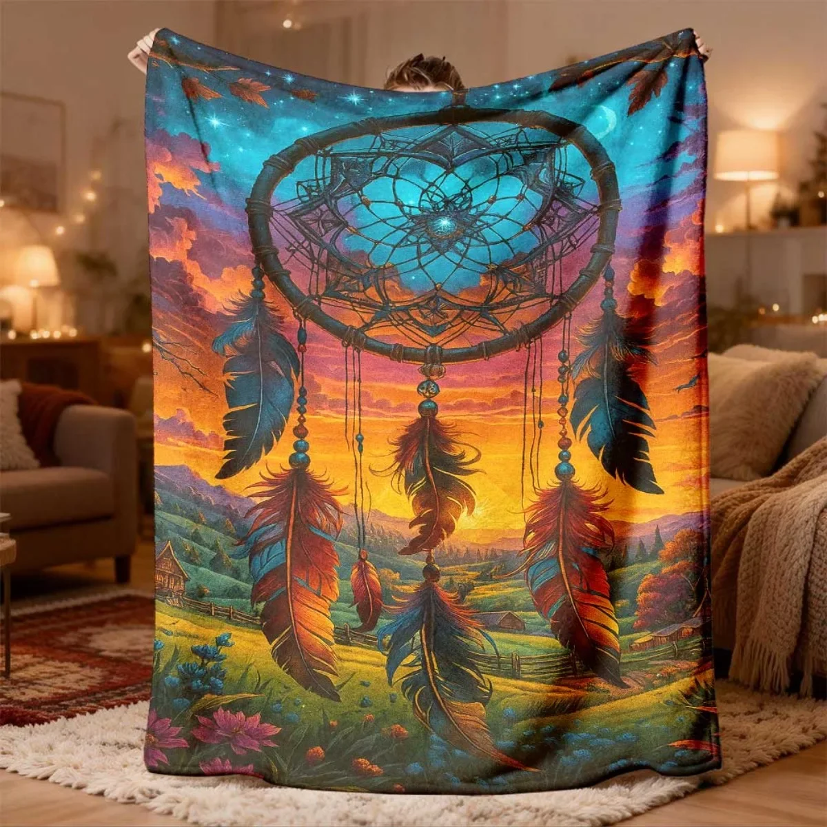 Boho Dreamcatcher Sunset Blanket Throw 150x200cm Large Fleece Decorative Bohemian Hippie Spiritual Art Cozy Winter Bed Cover