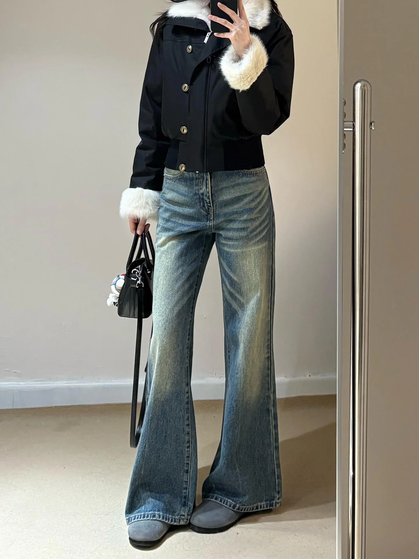 

Синие джинсы в стиле ретро в американском стиле High Street, женские зимние новые прямые узкие брюки с высокой талией, выцветшие длинные брюки