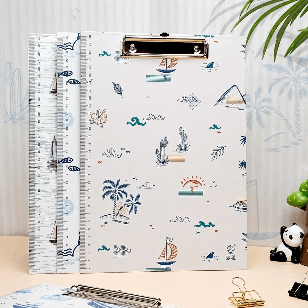 Durable With Side Ruler Clipboard Poetic Ocean Pattern Portable Writing Pad Folder Paper Clip Board School Office Supplies