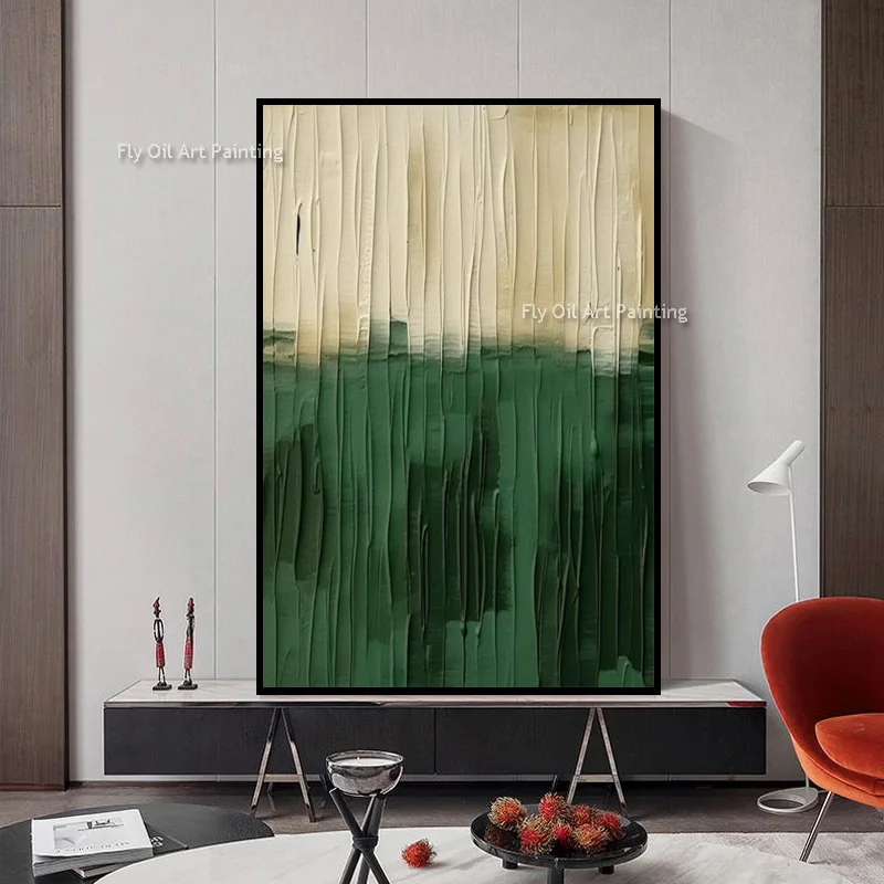 Hand Painted Impasto Vertical Stripe Oil Painting, Cream & Emerald Thick Texture Canvas Wall Art, Modern Entryway Decor