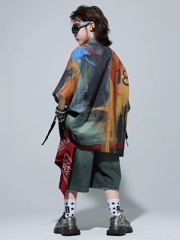 طفل الهيب هوب الملابس مجموعات النفط اللوحة طباعة قميص خمر الدينيم شورت جينز السراويل الأوسط لفتاة صبي ملابس رقص الجاز