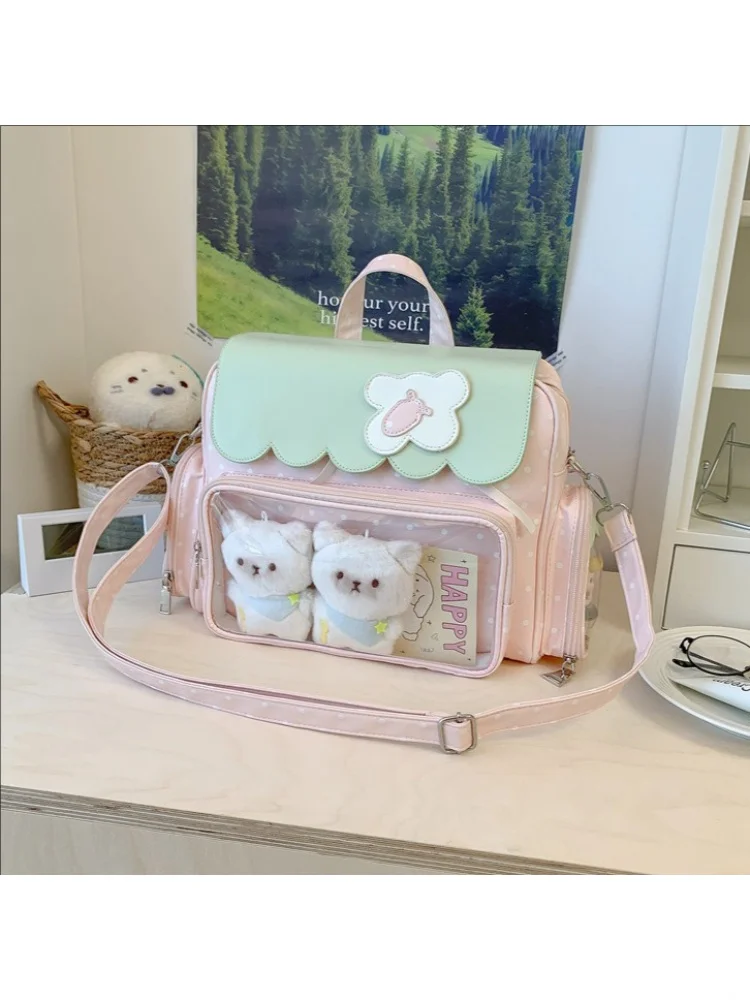 Sweet  Pink Green Color Block Backpack Transparent Japanese Style Girls Outdoor Leisure Double Shoulder Bag High Aesthet...