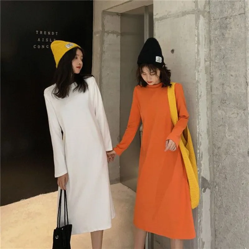 New Style Korean Version All-match Solid Color Dresses Waist in Look Slimmer Mid-length Style Long Sleeve Schoolgirl Nightdress