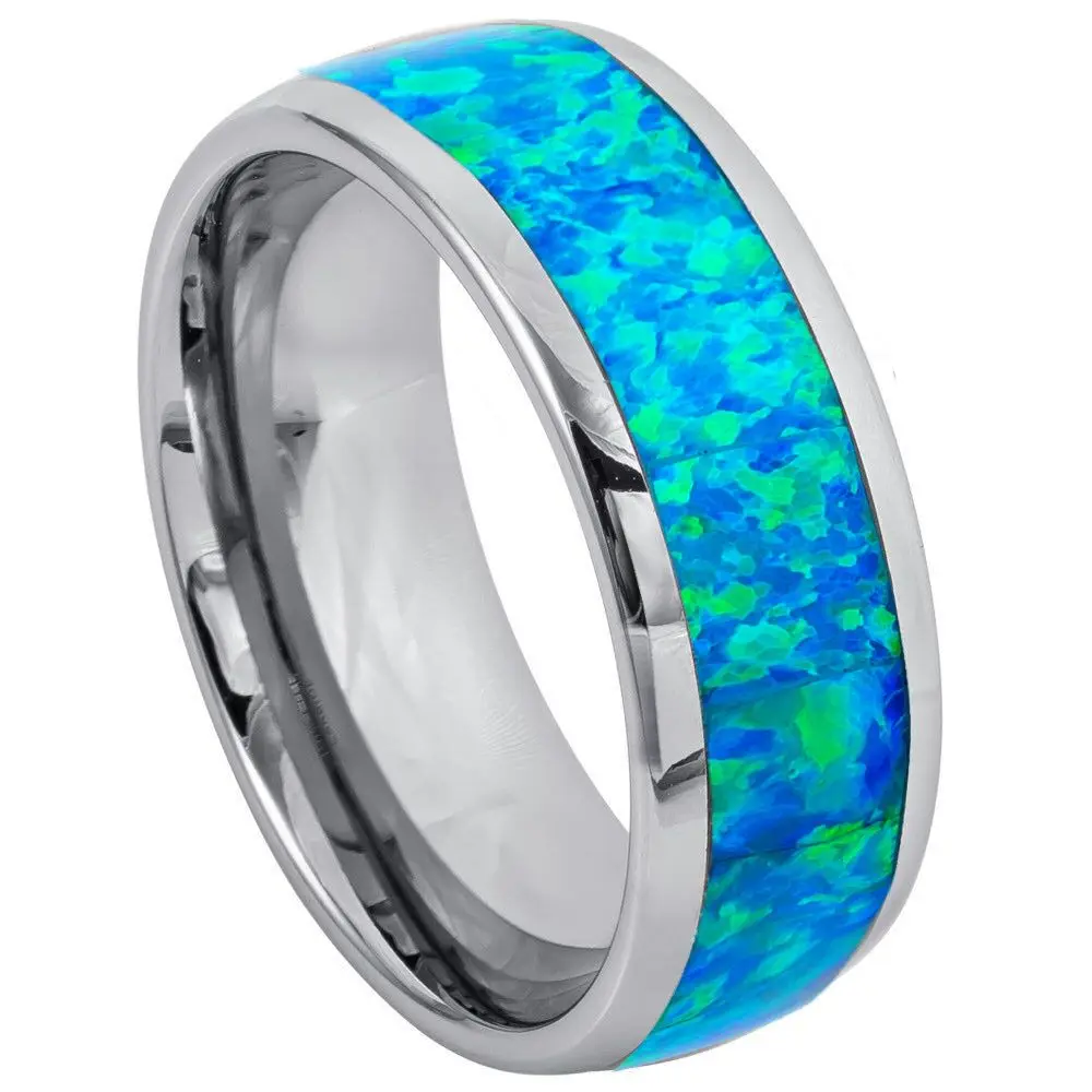 

Free Shipping 8mm Blue Opal Inlay Tungsten Wedding Band Men's Engagement Ring Fire Opal Tungsten Wedding Bands Groom Rings