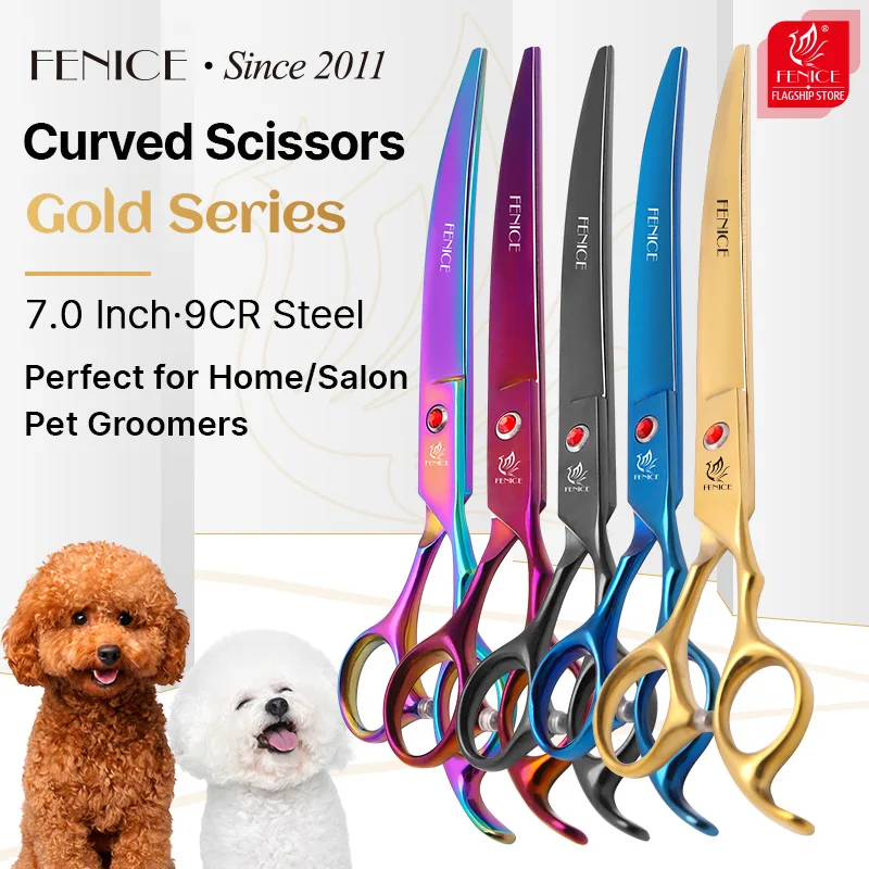 Fenice New design 7.0 inch down curved blade 25 degree pet grooming curved scissors