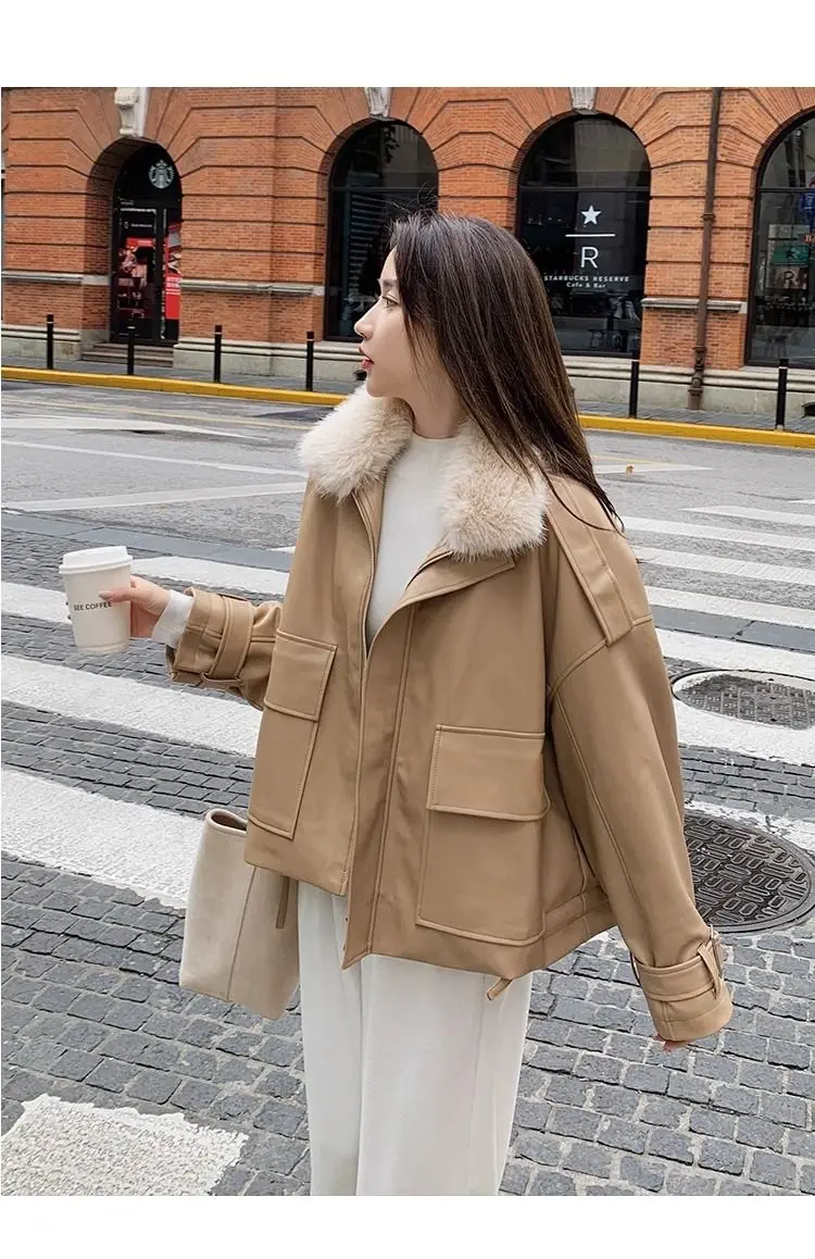 Faux Fur Collar PU Leather Jacket Women 2025 Winter Short Motorcycle Coat Plush Lined Thickened Bomber Jacket