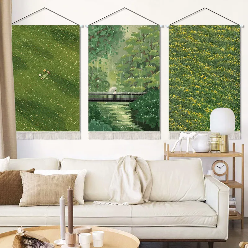 Japan Anime Style Tapestry Wall Hanging - Green Meadow Landscape Art Aesthetic Room Decor for Living Bedroom Healing Wall Decor