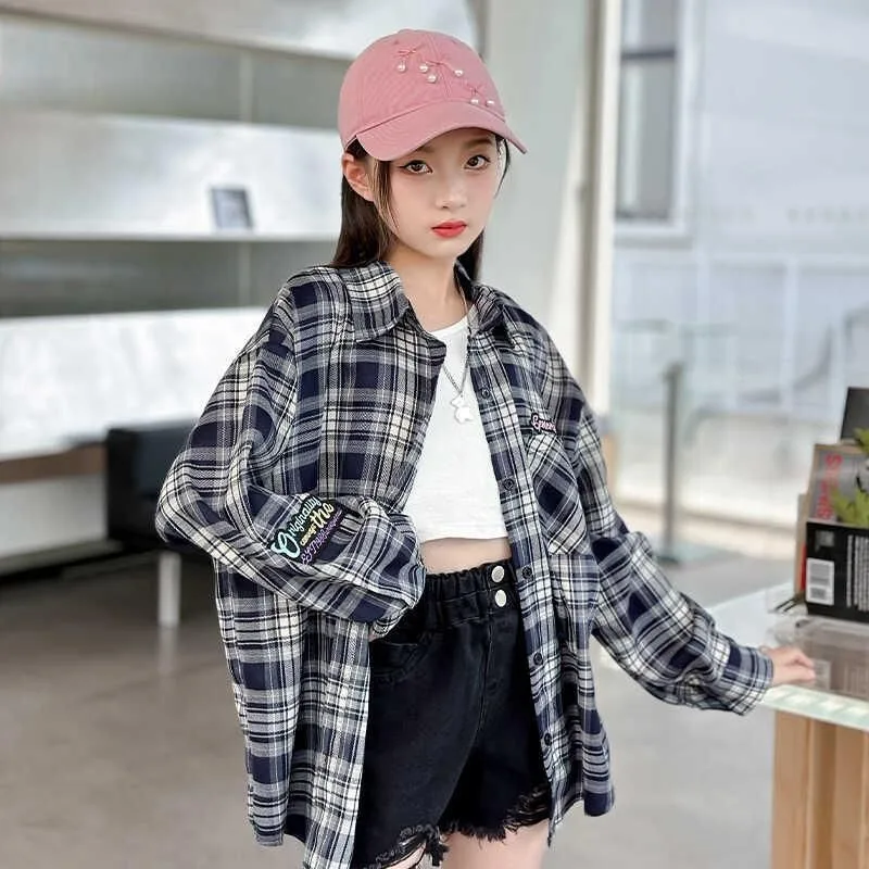 2025 New Girl's Checkered Long Sleeve Shirt Spring Autumn Kids Trendy Versatile Mix and Match Shirt