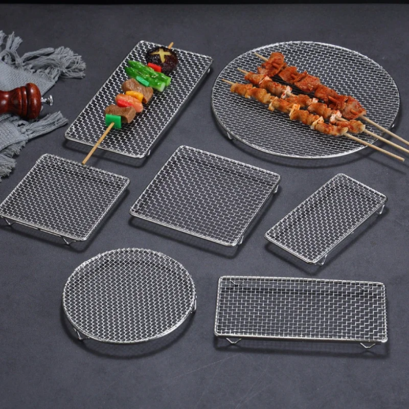 

304 Food Grade Stainless Steel Mesh Barbecue Grill with Feet Oil Draining Circular Square Mesh Grill