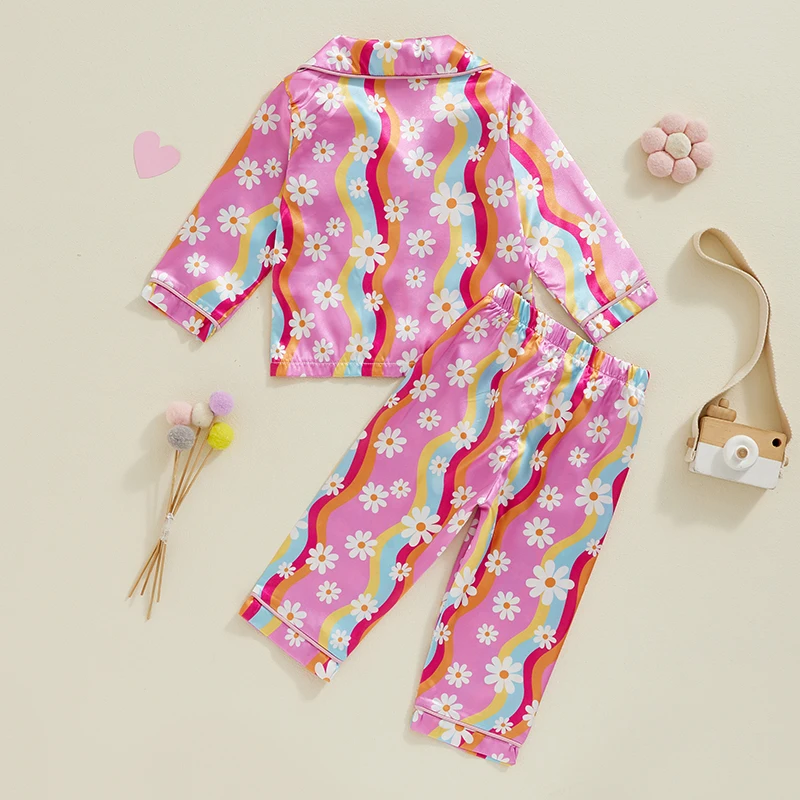 Toddler Girl Satin Pajama Set Bow Print Long Sleeve Button Down Tops Elastic Waist Pants Loose Autumn 2 Piece Set