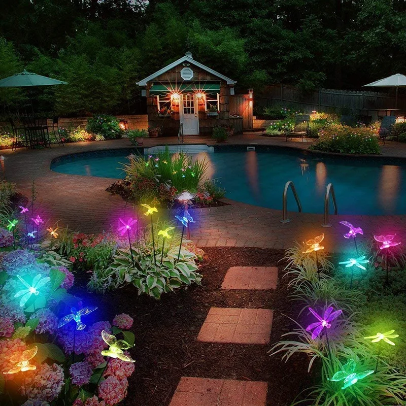 Led Solar Stake Lights Multi-Color Changing Dragonfly Butterfly Bird Lawn Lamps Outdoor Garden Yard Landscape Pathway Decoration