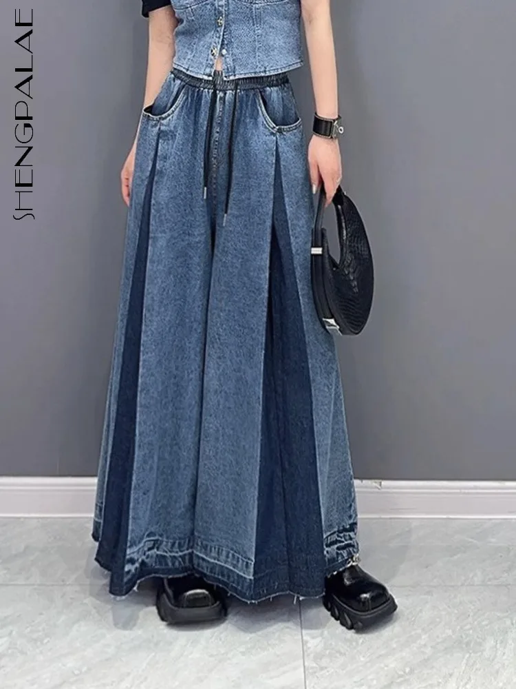 SHENGPALAE Office Lady Rinsing Lace-up Pockets Spliced Loose High Waist Women Denim Wide Leg Pants 2025 Spring New Tide 5ZD1167