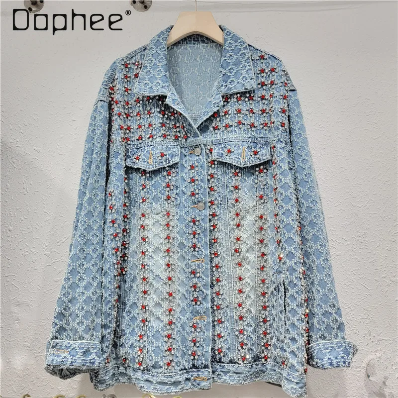 

Women's Spring and Autumn Red Rhinestones Denim Coat 2024 New High-Grade Jacquard Beaded Printing Diamonds Jean Jackets Female