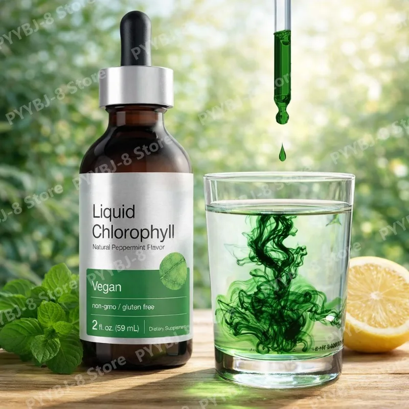 Liquid Chlorophyll Drops Herbal Plant Extract Contain Natural Mint Flavor 59ml Dietary Supplement Mix with Water for Consumption