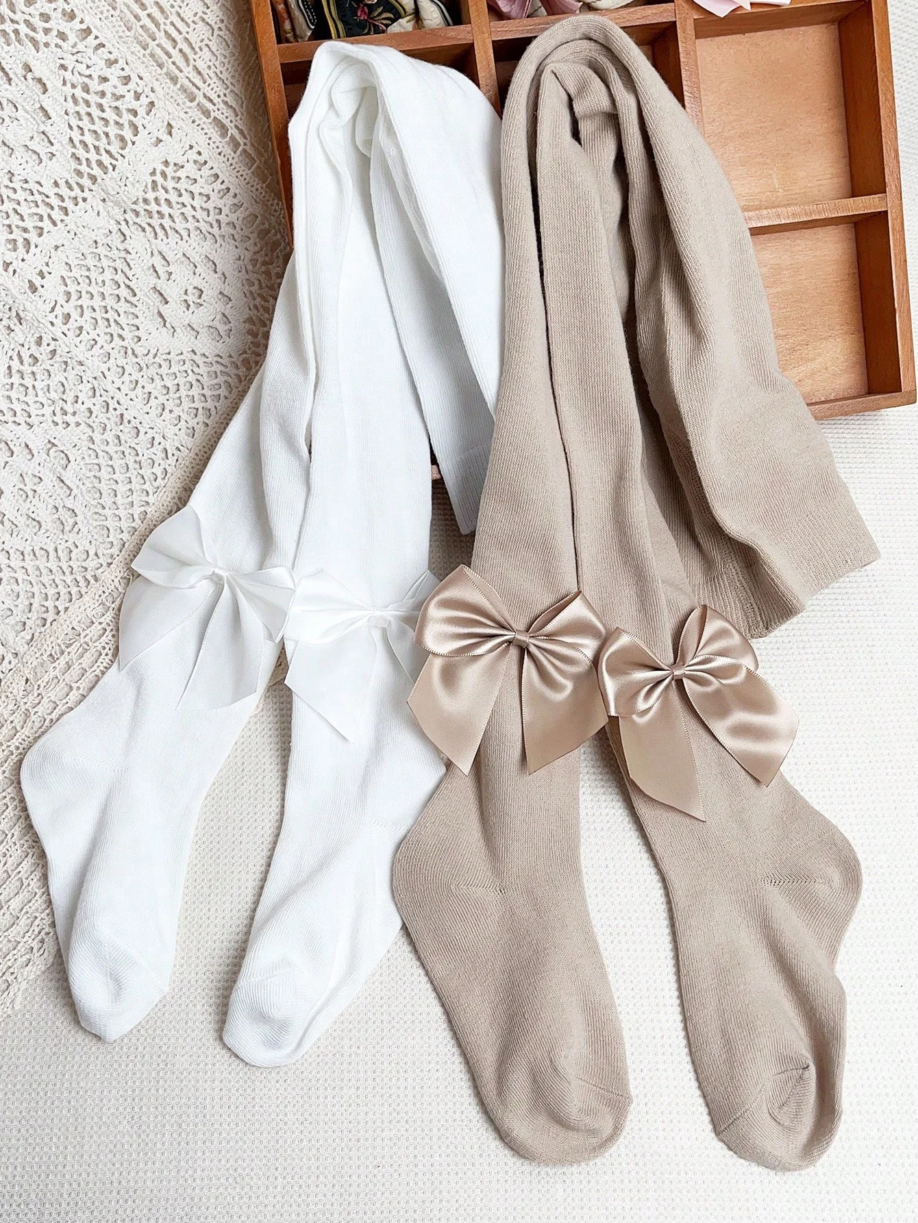 2 Pairs Solid-Colored Pantyhoses with Satin Bownot, Soft Maillard Color Series Tights for Autumn and Winter School Style Matching