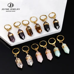 JD Natural Stone Amethyst Pink Quartz Black Obsidian Hexagonal Cylindrical Earrings Women Mineral Handmade Charm Dangle Earrings
