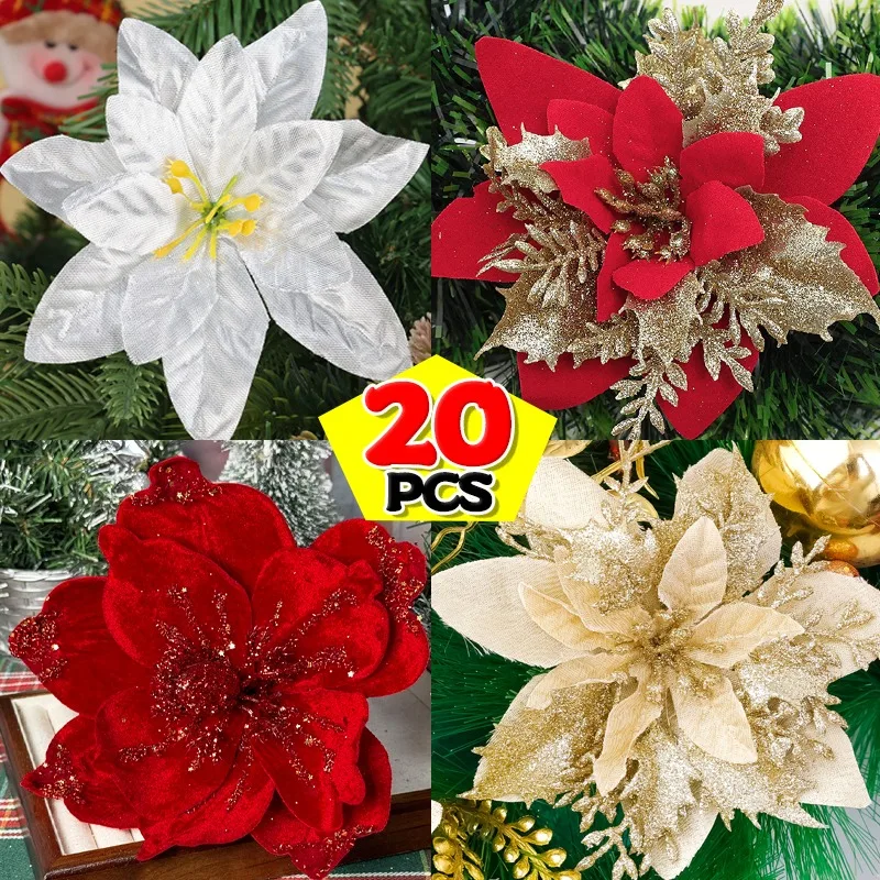 20/1PCS Glitter Christmas Flowers Fake Poinsettia Artificial Flower with Clips DIY Wreath Xmas Tree Ornament Wedding Party Decor