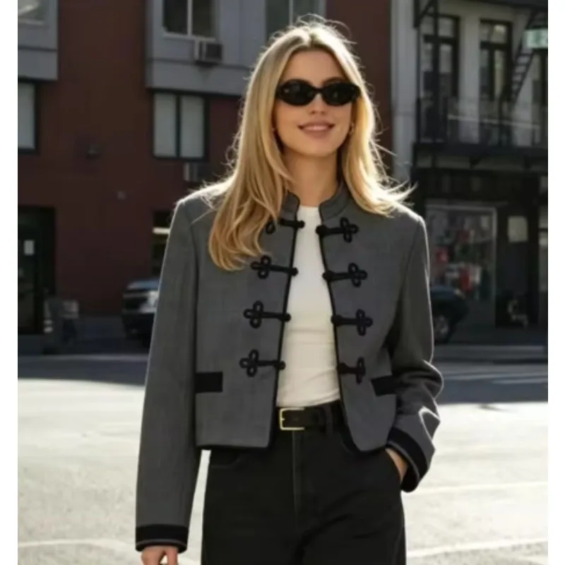 Mandarin Collar Frog Button Cropped Blazer Contrast Trim Pocket Long Sleeve Gray Minimalist Women Short Jacket 260702