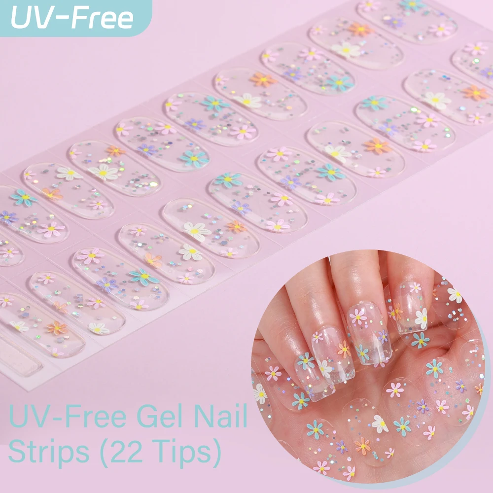 22Tips French Red Heart Kiss UV-Free Gel Nail Stickers Glitter Flower Full Cover Gel Polish Nail Strips DIY Manicure Decoration view 4