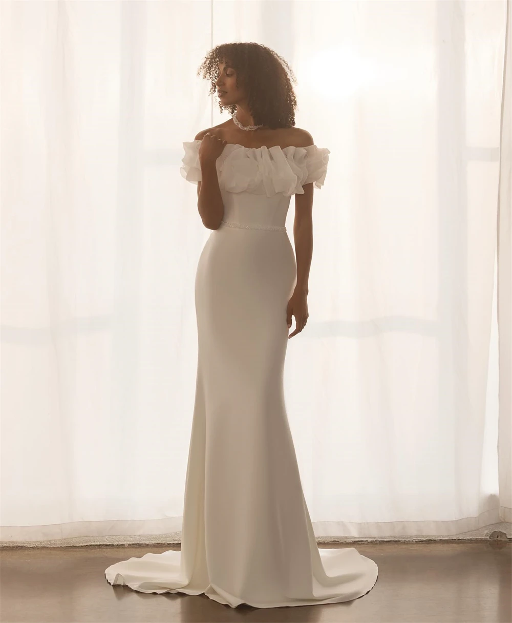 Customized Soft White Satin Wedding Dress Sexy Boat Neck Off the Shoulder Bridal Gowns Boho Straight Court Train Robe de mariée