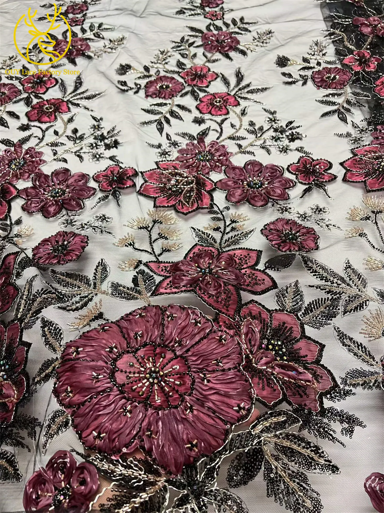 Modische 3D-Blumenstickerei Pailletten Tüll-Mesh-Spitze 2026 Nigerianische Perlen-Mesh-Spitze für Braut-Hochzeitskleider und Partykleider zum Nähen – Detail 9