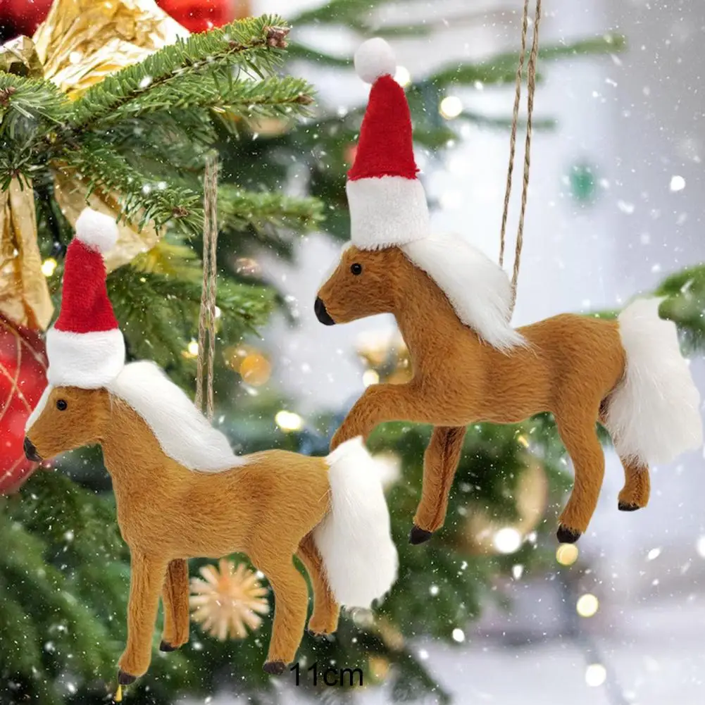 Horse Pendant Lovely Christmas Hat Simulation Animal Model Hanging Ornaments Faux Fur Horse Doll Christmas Tree Pendant Decor