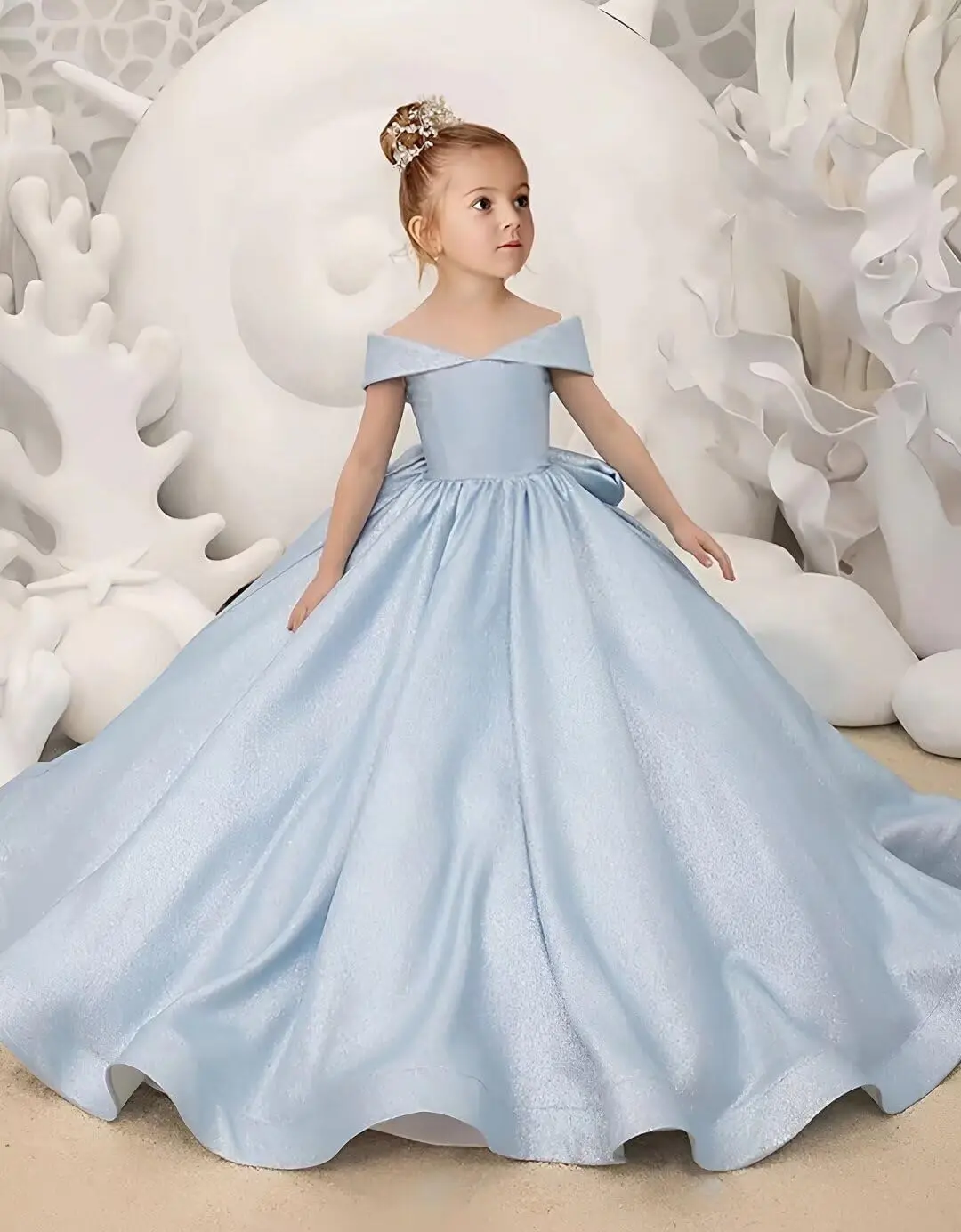 فساتين فتاة الزهور الساتان فستان طويل للمهرجانات على شكل حرف A بدون أكتاف لحفلات أعياد ميلاد الأميرة مع عقدة على شكل فيونكة للفتيات