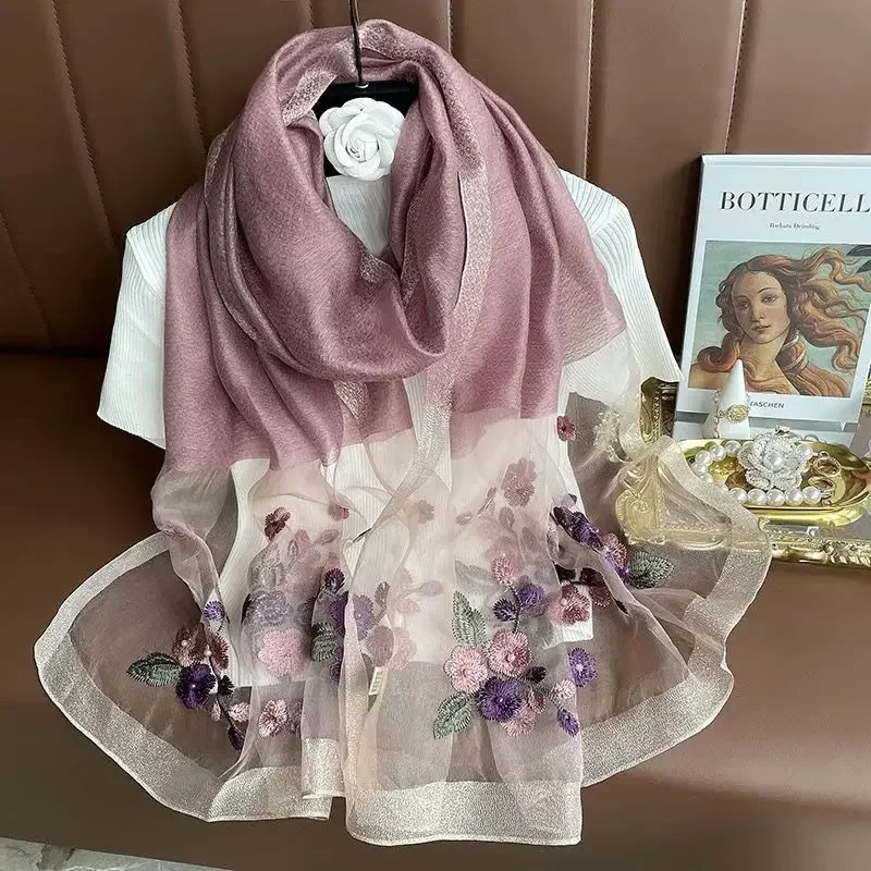 

New Embroidered Flower Silk Scarf Women's Dingzhu Embroidered Silk Scarf Fashion Versatile Warm Shawl Long Style E5787