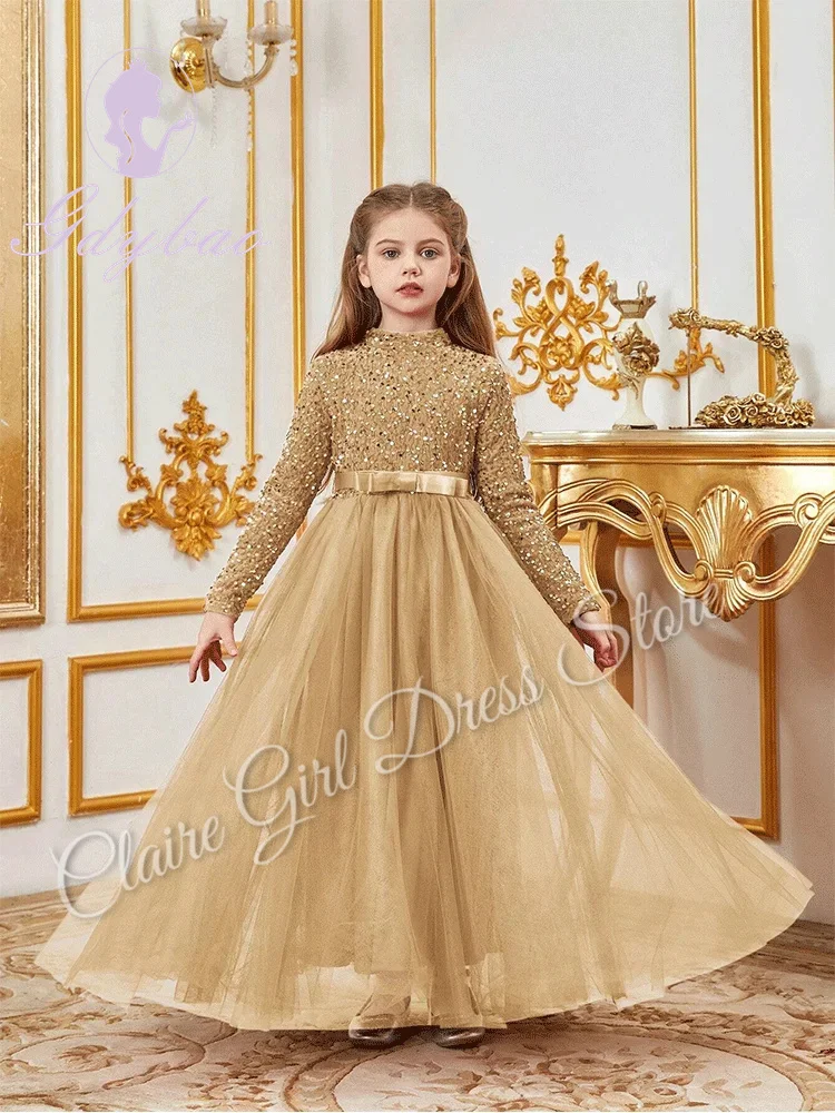 Customized Champagne Flower Girl Dresses For Wedding Sequins High Neck Tulle Birthday Party First Communion Pageant Gown