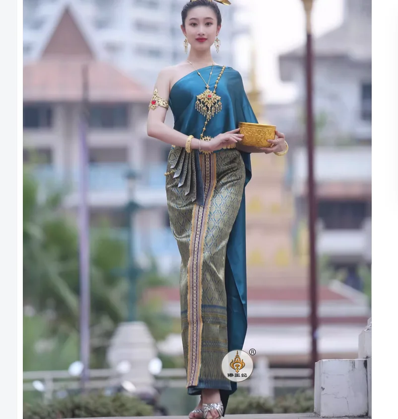 Thai traditional clothing women's single shoulder chiffon top skirt three piece set for fashion show welcome suit