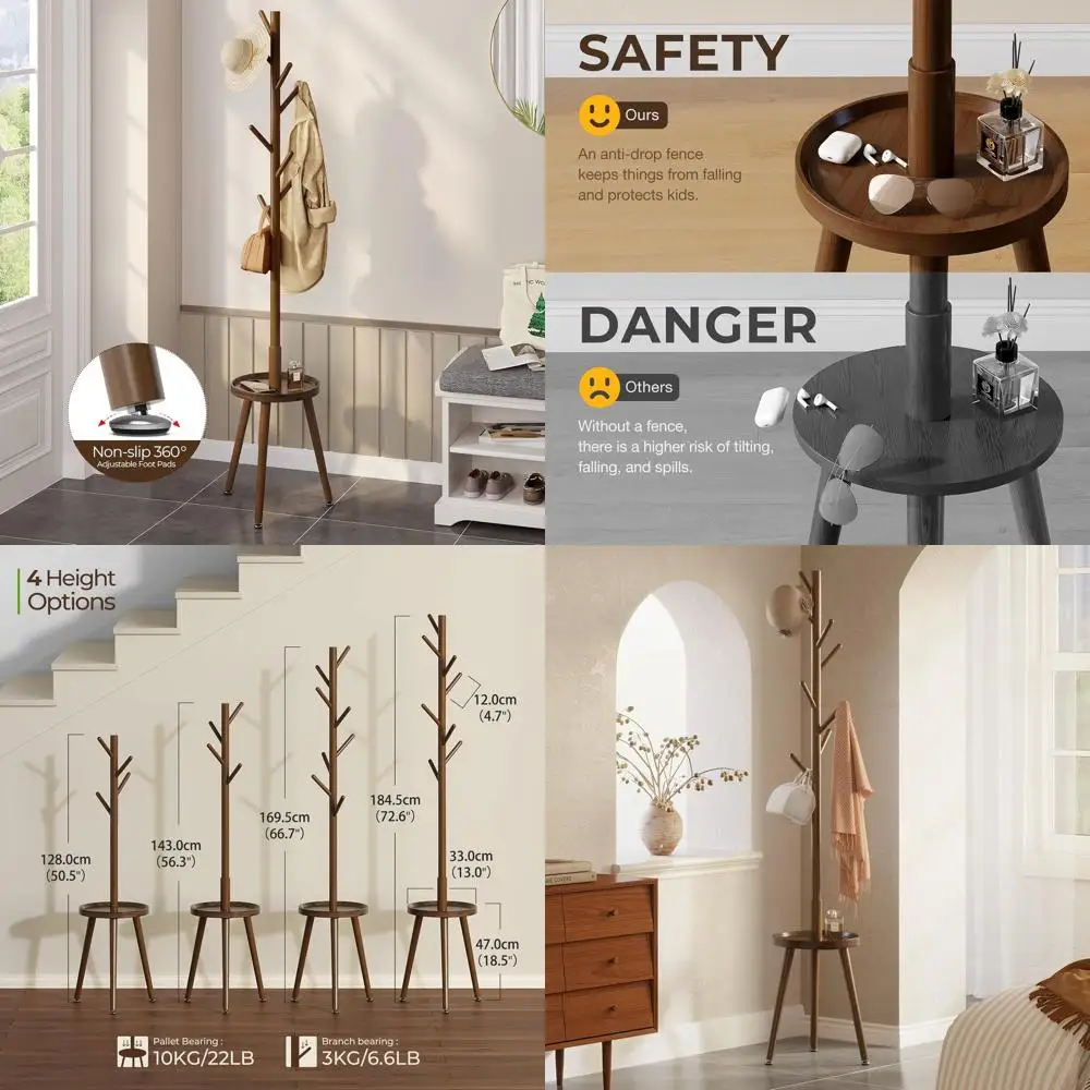 

Adjustable Wooden Coat Rack with 8 Hooks, 4 Height Settings, 50.5-72.6, for Home Use, Brown