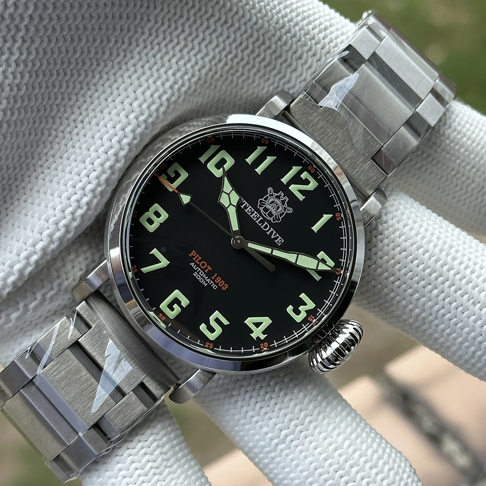 STEELDIVEผู้ชายนาฬิกาอัตโนมัติ 46.5Mm Pilotนาฬิกาข้อมือDiver 20ATMกันน้ําC3 Luminous Sapphire Mirror NH35