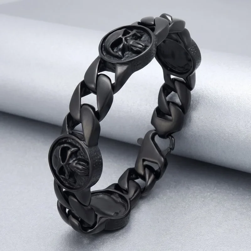 Men Stainless Steel Cuban Link Bracelet Spliced Skull Tag, Retro Cast High-end Wrist Jewelry Gift for Boyfriend
