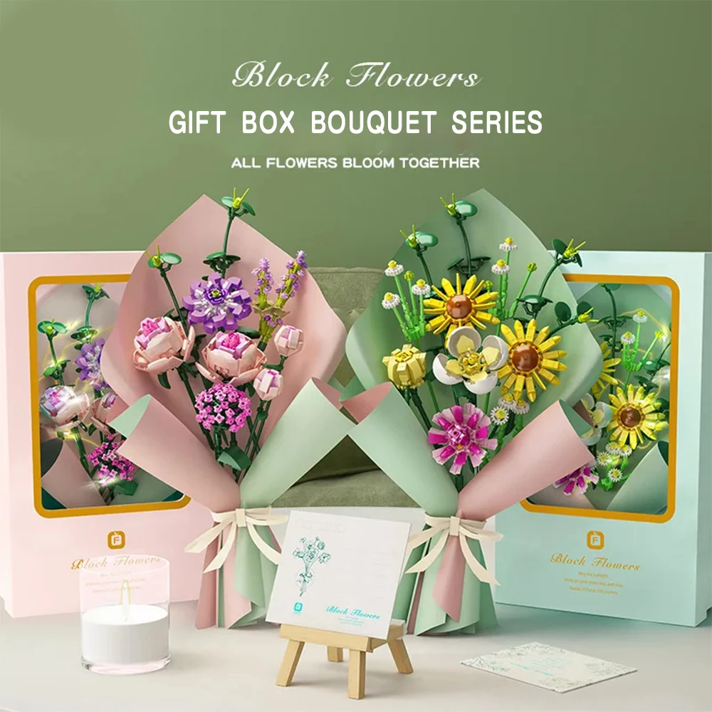 

Bouquet Building Blocks Set with LED String Lights and Greeting Card Gift Box Suitable for birthdays for women children / adults
