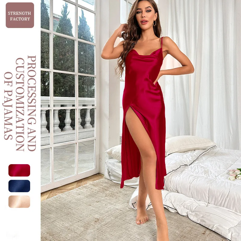 Satin Silk Slip Suspenders Long Dress Thin Breathable Women's Backless Dress Sexy Pajamas Open Back Split Nightdress Long Dress