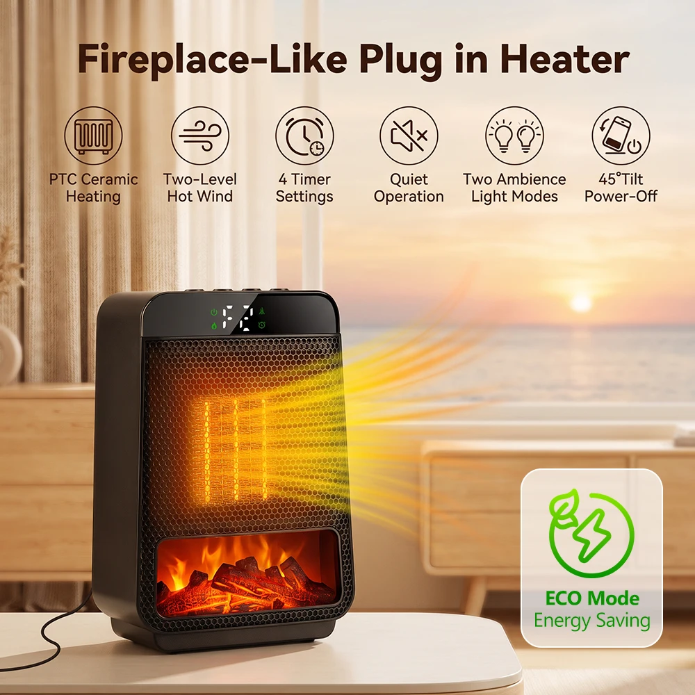 1000W PTC Fast Heating Flame Heater, 2 Speed 4 Timer Desktop Warm Fan with 7 Safety Protection for Winter Office Home U