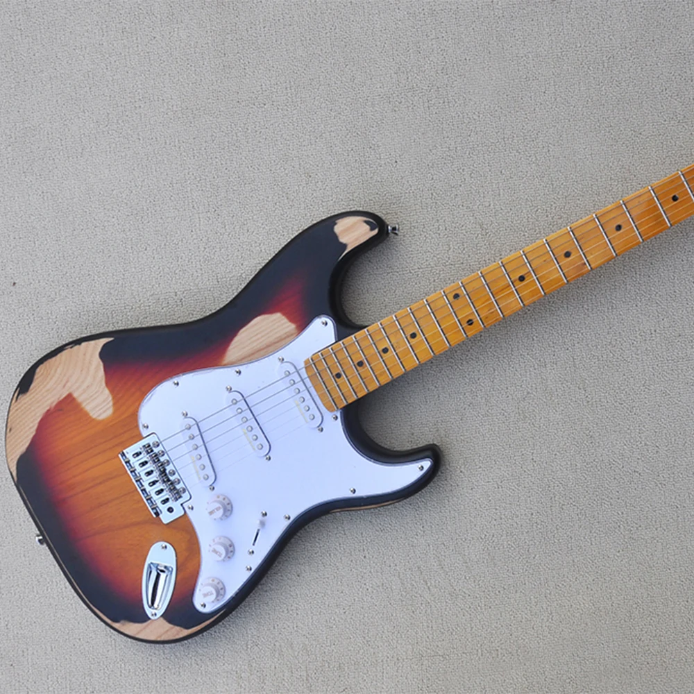 Relic Tobacco Sunburs Ash Electric Guitar with White Pickguard,Maple Fretboard,Can be Customized