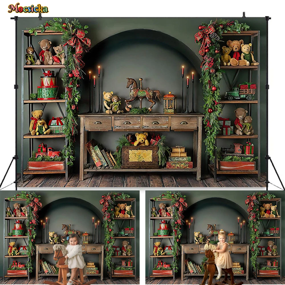 Mocsicka Christmas Gift Room Photography Background Toy Horse Bear Shelf Stand Retro Green Backdrop Winter Kids Photo Studio