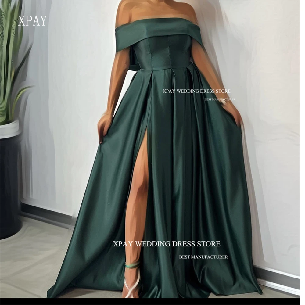 XPAY Sexy Off the Shoulder Dark Green Satin Long Prom Dresses Women Split Floor Length Vintage Formal Prom Gowns Plus Size