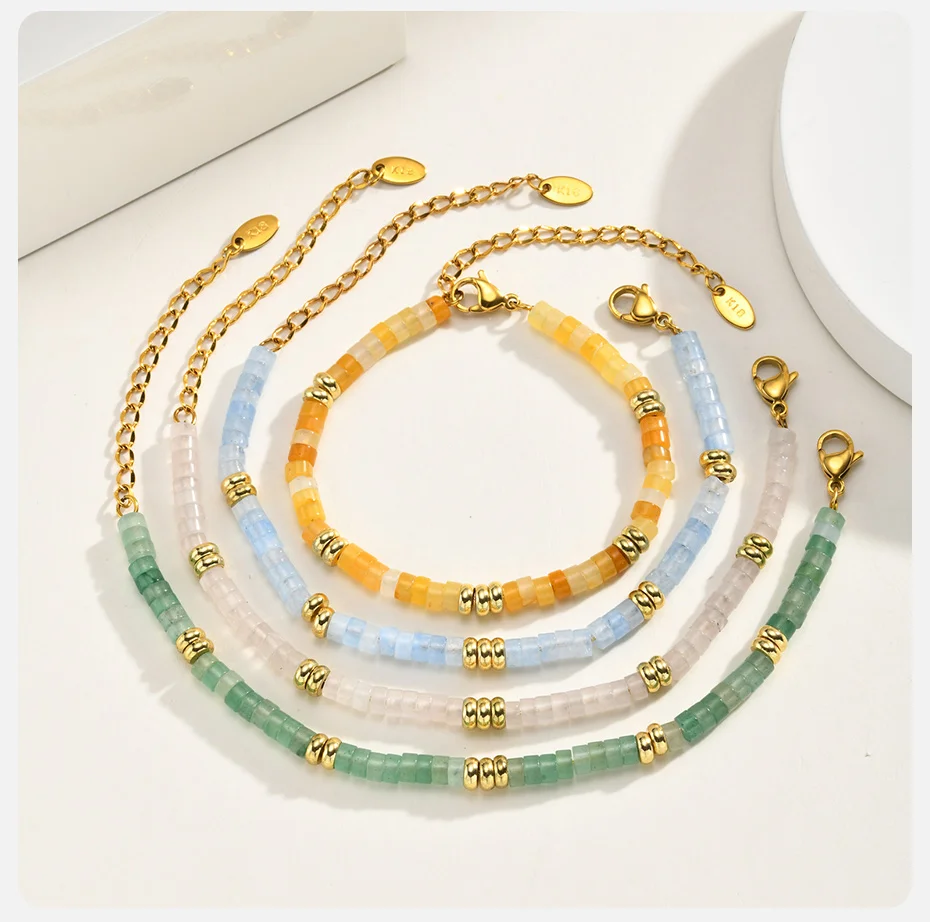 Vnox Handgefertigtes Naturstein-Jade-Perlenarmband für Frauen, Edelstahl-Aquamarin-Stein-Abstandsperlen-Armband, Boho-Schmuck – Detail 6