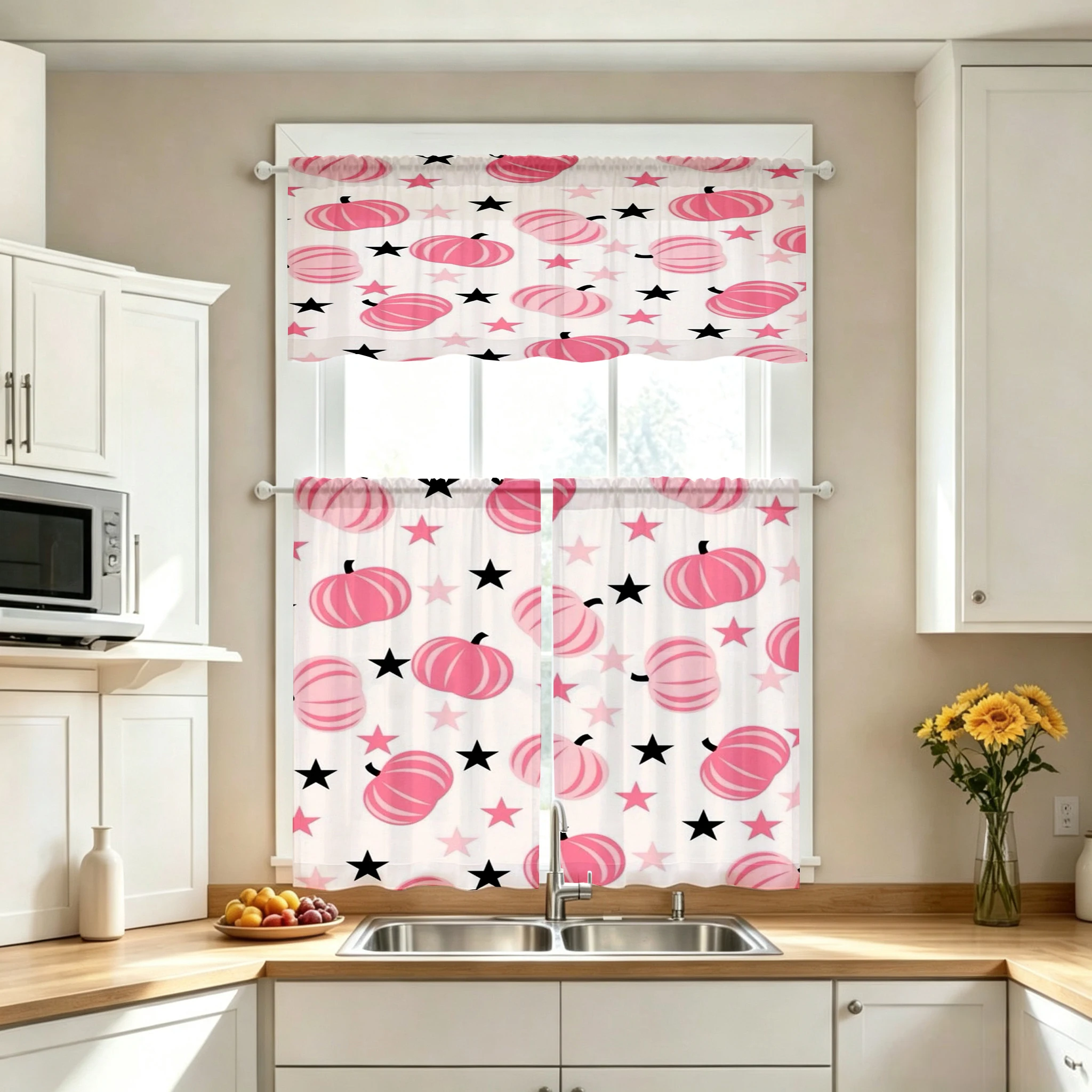 Thanksgiving Fall Kitchen Curtains, Pink Pumpkin Star, Digital Print, Kitchen Dining Room, Rod Pocket Polyester, Home Decor