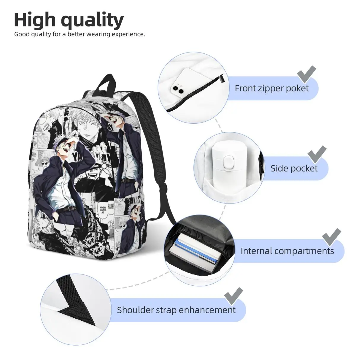 Jujutsu Kaisen Anime Cartoon Backpack Men Women High School Hiking Travel Daypack Satoru Gojo Laptop Computer Canvas Bag Outdoor