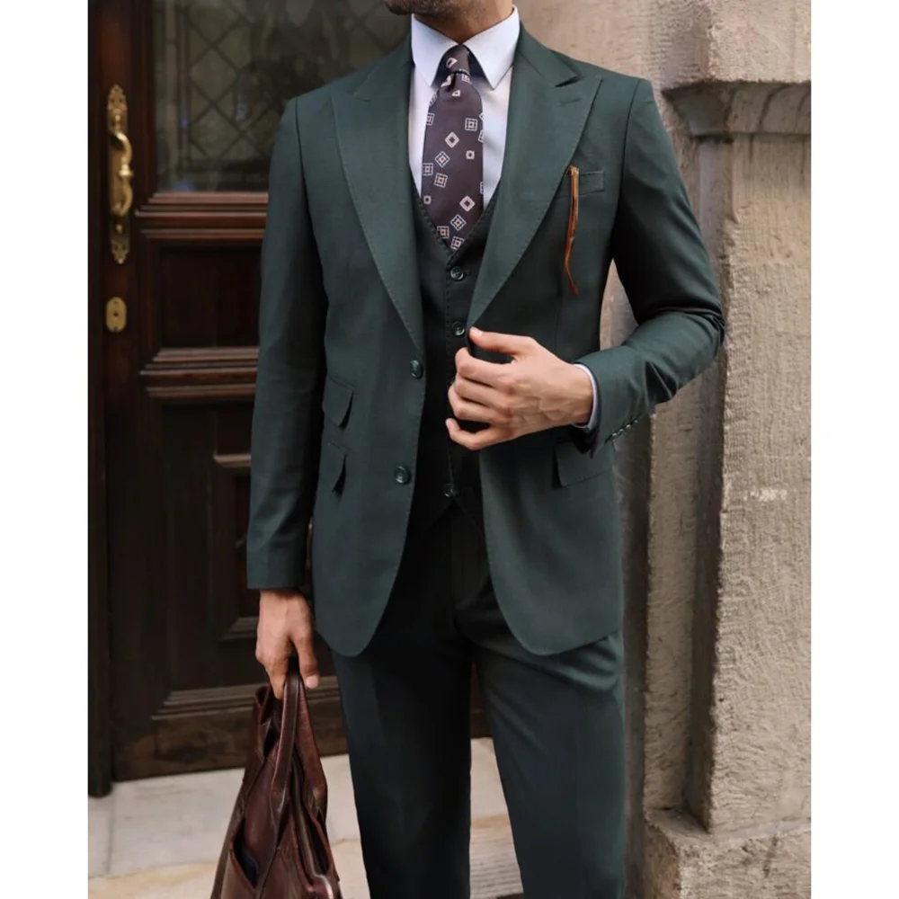 Men\'s Suits Dark Green 3 Piece Fashion Peak Lapel Single Breasted Wear Business Casual Slim Men Clothing (Jacket+Pants+Vest)